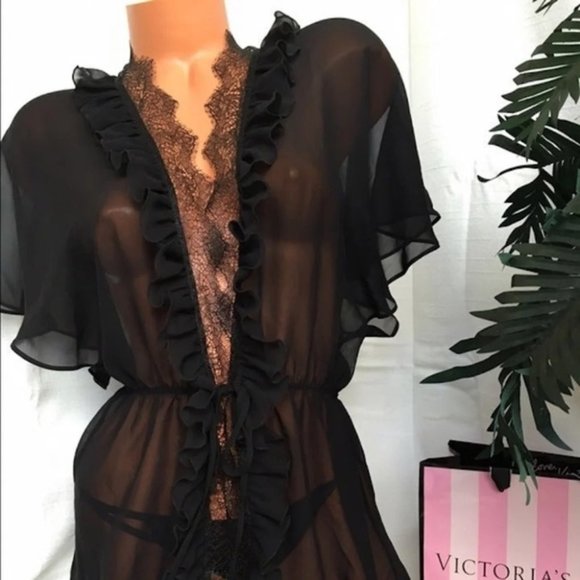 Victoria's Secret SHORT ROBE kimono Top Sheer lace mesh M/L - Picture 4 of 5